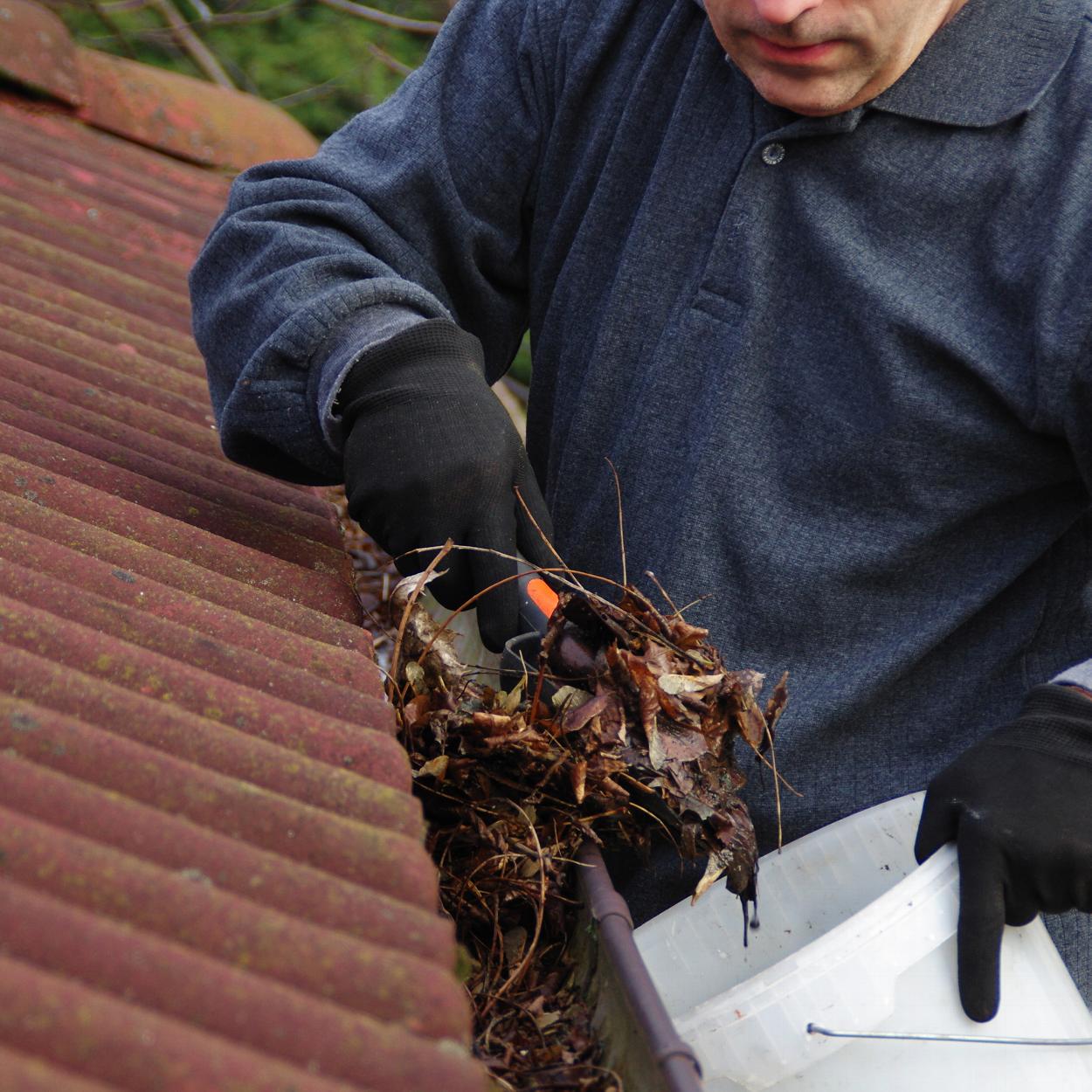 a man cleaning out a gutter of twigs and leaves into a bucket using a scrapper 